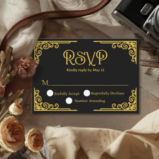  Vintage Gold Black Wedding  RSVP Kaartje