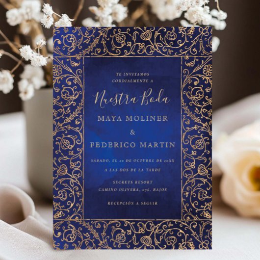 Vintage Gold & Blue Velvet Nuestra Boda Wedding Kaart