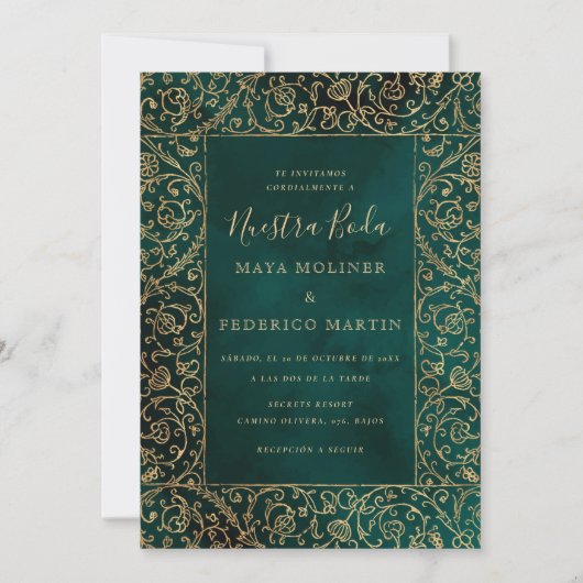 Vintage Gold & Green Velvet Nuestra Boda Wedding Kaart (Voorkant)
