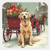 Vintage Golden Retriever Christmas Carriage Illust Vierkante Sticker (Voorkant)
