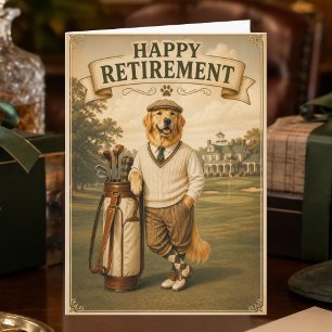 Vintage Golf Golden Retriever Gelukkig met Pensioe Kaart