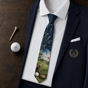 Vintage Golfbaan & Clubs Navy Blauwe Heren Stropdas