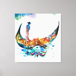 Vintage Gondola Venice City Travel Love Waterverf Canvas Afdruk
