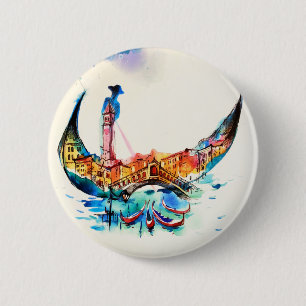 Vintage Gondola Venice City Travel Love Waterverf Ronde Button 5,7 Cm