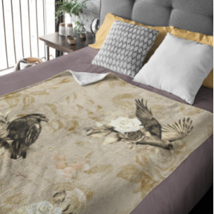 Vintage Goth Decoupage Kraai Raven Monochroom  Fleece Deken