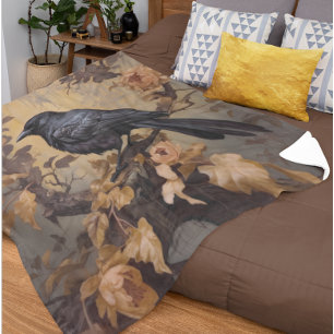 Vintage Goth Raven in een Rozenstruik Goud Fleece Deken