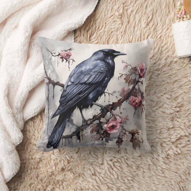 Vintage Goth Raven in een Rozenstruik Grijs Kussen (Deken)
