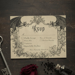 Vintage Gothic Black Toile Bat Tan Wedding RSVP Kaartje
