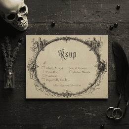 Vintage Gothic Black Toile Bat Tan Wedding RSVP Kaartje