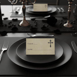 Vintage Gothic Black Toile Cross Tan Wedding Plaatskaartje
