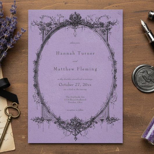 Vintage Gothic Black Toile Purple Wedding Kaart