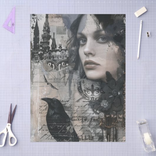 Vintage Gothic Girl & Raven Decoupage Tissuepapier (Craft)