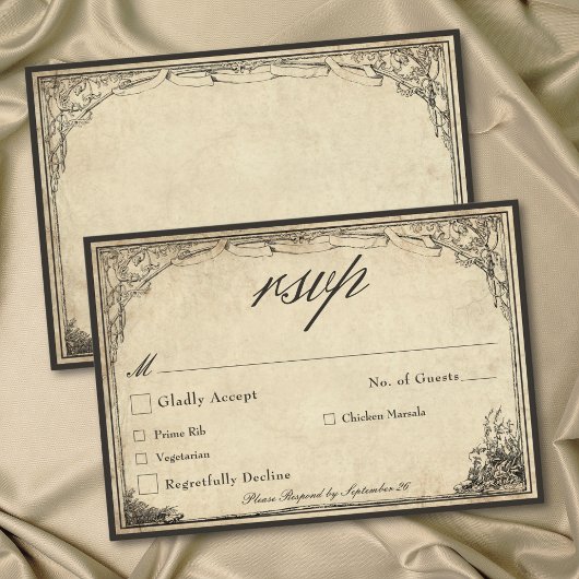 Vintage Gothic Medieval Parchment Wedding RSVP Kaartje