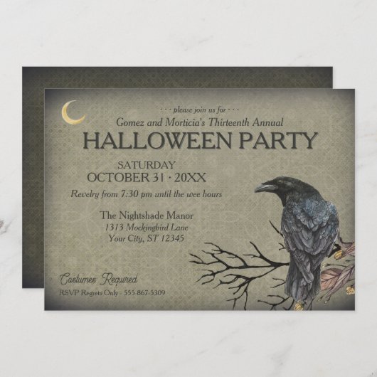 Vintage Gothic Raven Halloween Party Kaart (Voorkant / Achterkant)