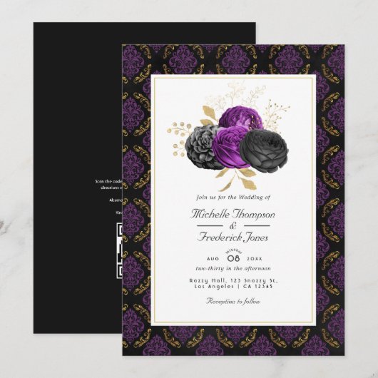 Vintage Gotische Bloem QR Code RSVP Bruiloft Kaart (Voorkant / Achterkant)