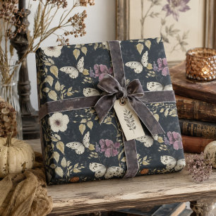 Vintage Gotische Mot & Donkere Bloem Motief Grijs  Cadeaupapier