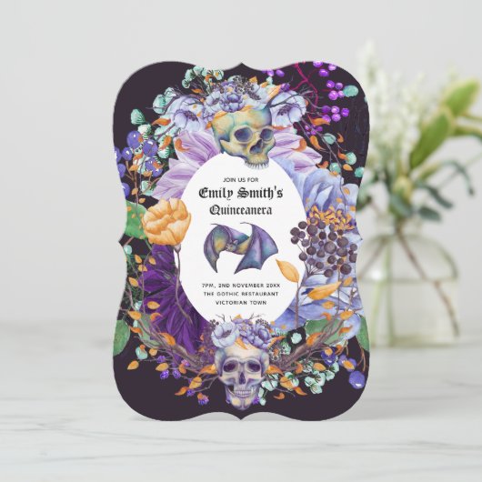 Vintage Gotische Paarse Sinaasappelkleurige Quince Kaart (Staand voorkant)