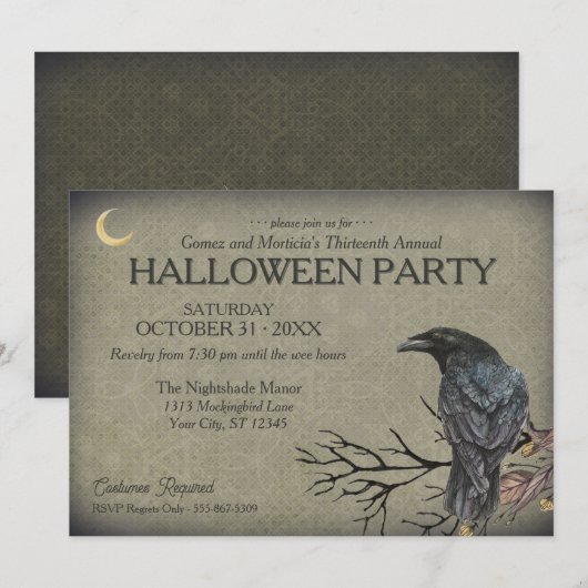 Vintage Gotische Raaf Halloween Feest Kaart (Voorkant / Achterkant)
