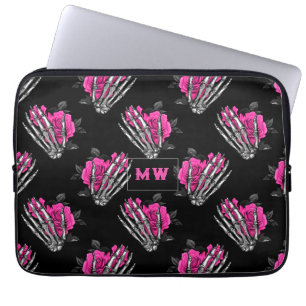 Vintage Gotische Roze Rozen Skelet Monogram Laptop Sleeve