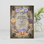 Vintage Gotische Schedels Paarse Sinaasappel Bloem Kaart (Staand voorkant)