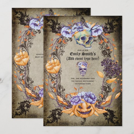 Vintage Gotische Schedels Paarse Sinaasappel Bloem Kaart (Voorkant / Achterkant)