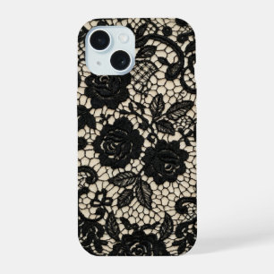 Vintage Gotische Zwarte Bloemrijke Kant Romantisch iPhone 15 Case