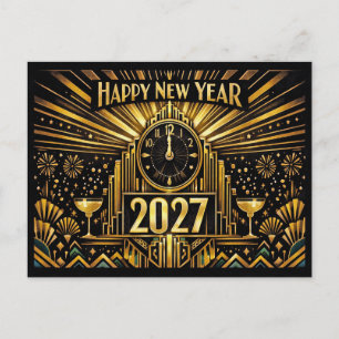Vintage Goud Art Deco Nieuwjaar 2027 Feestdagenkaart