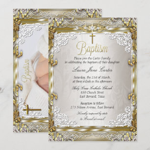 Vintage Goud Beige Damast Kruis Doop Foto Kaart