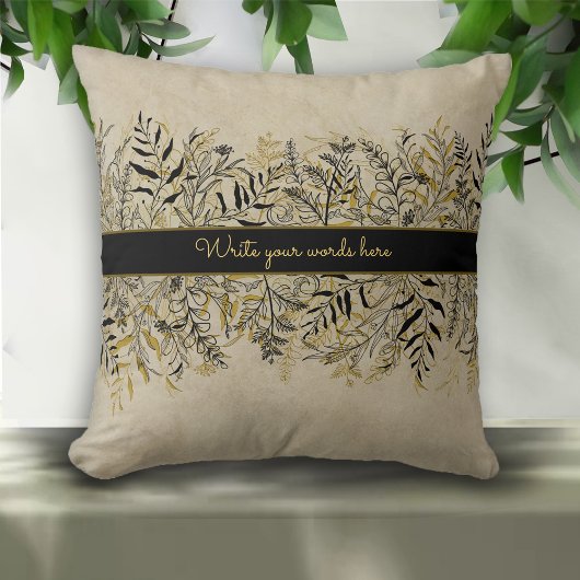 Vintage Goud en Zwarte Botanische Aangepaste Tekst Kussen