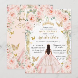 Vintage gouden blos roze bloemenjurk Quinceañera Kaart