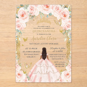 Vintage Gouden Blush Roze Bloemen Jurk Quinceañera Acryl Uitnodigingen