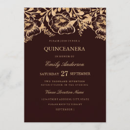 Vintage Gouden Bourgondië Bloemachtige Quinceanera Kaart