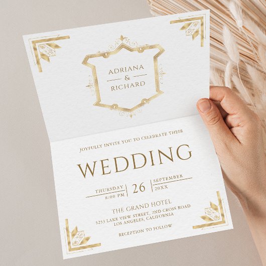 Vintage Gouden Crest QR Code Witte Trouwdag