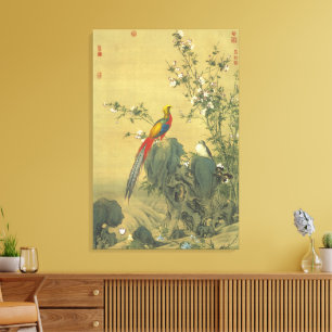 Vintage Gouden Fazant in Lente Tuin Kunst Canvas Afdruk