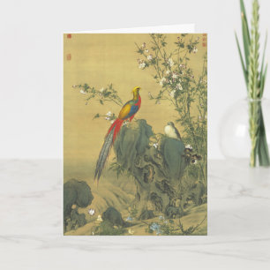 Vintage Gouden Fazant in Lente Tuin Kunst Feestdagen Kaart