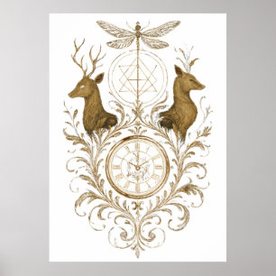 Vintage Gouden Herten & Libel Esthetische Muurdeco Poster
