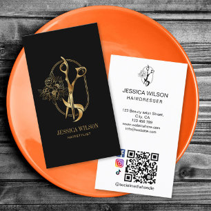 Vintage Gouden Kapsalon Scharen Bloem QR Code B Visitekaartje