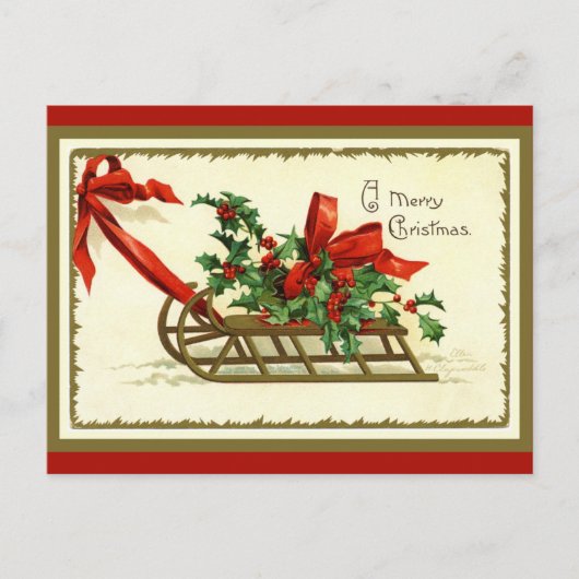 Vintage Gouden Kerst Slede Feestdagenkaart (Voorkant)