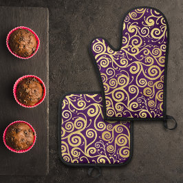  Vintage Gouden Krullen Patroon Chic Paars Aubergi Ovenwant & Pannenlap Set