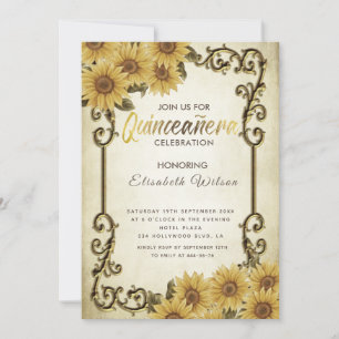 Vintage gouden lijst zonnebloem Quinceañera uitnod Kaart