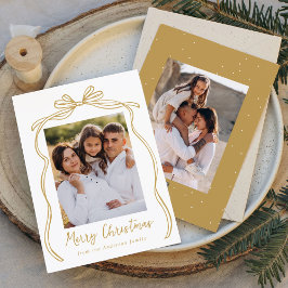 Vintage Gouden Strik Kerstmis 2 Foto Feestdagenkaart