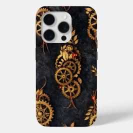 Vintage Gouden Tandwielen & Rode Neon Mythic Cyber iPhone 15 Pro Case