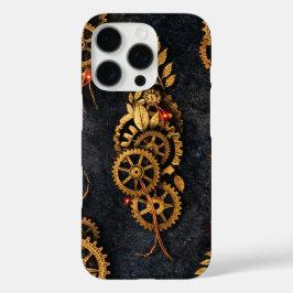Vintage Gouden Tandwielen & Rode Neon Mythic Cyber iPhone 16 Pro Hoesje