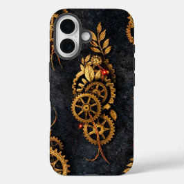 Vintage Gouden Tandwielen & Rode Neon Mythic Cyber iPhone 16 Hoesje