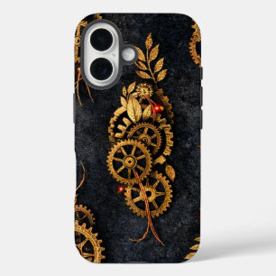 Vintage Gouden Tandwielen & Rode Neon Mythic Cyber iPhone 16 Hoesje