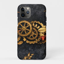 Vintage Gouden Tandwielen & Rode Neon Mythic Cyber