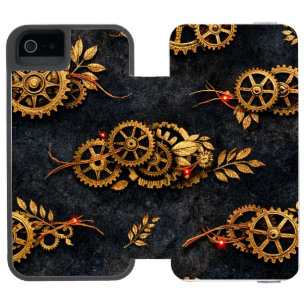 Vintage Gouden Tandwielen & Rode Neon Mythic Cyber