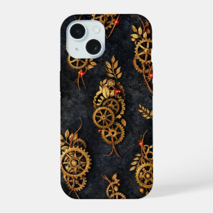 Vintage Gouden Tandwielen & Rode Neon Mythic Cyber iPhone 15 Case