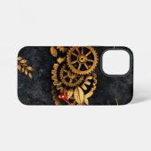 Vintage Gouden Tandwielen & Rode Neon Mythic Cyber iPhone Hoesje (Achterkant horizontaal)