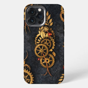 Vintage Gouden Tandwielen & Rode Neon Mythic Cyber iPhone 13 Pro Max Hoesje